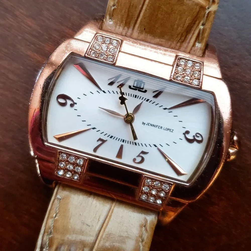 Jennifer Lopez Rose Gold Crystal Accent Rectangle Face Leather Band Womens Watch